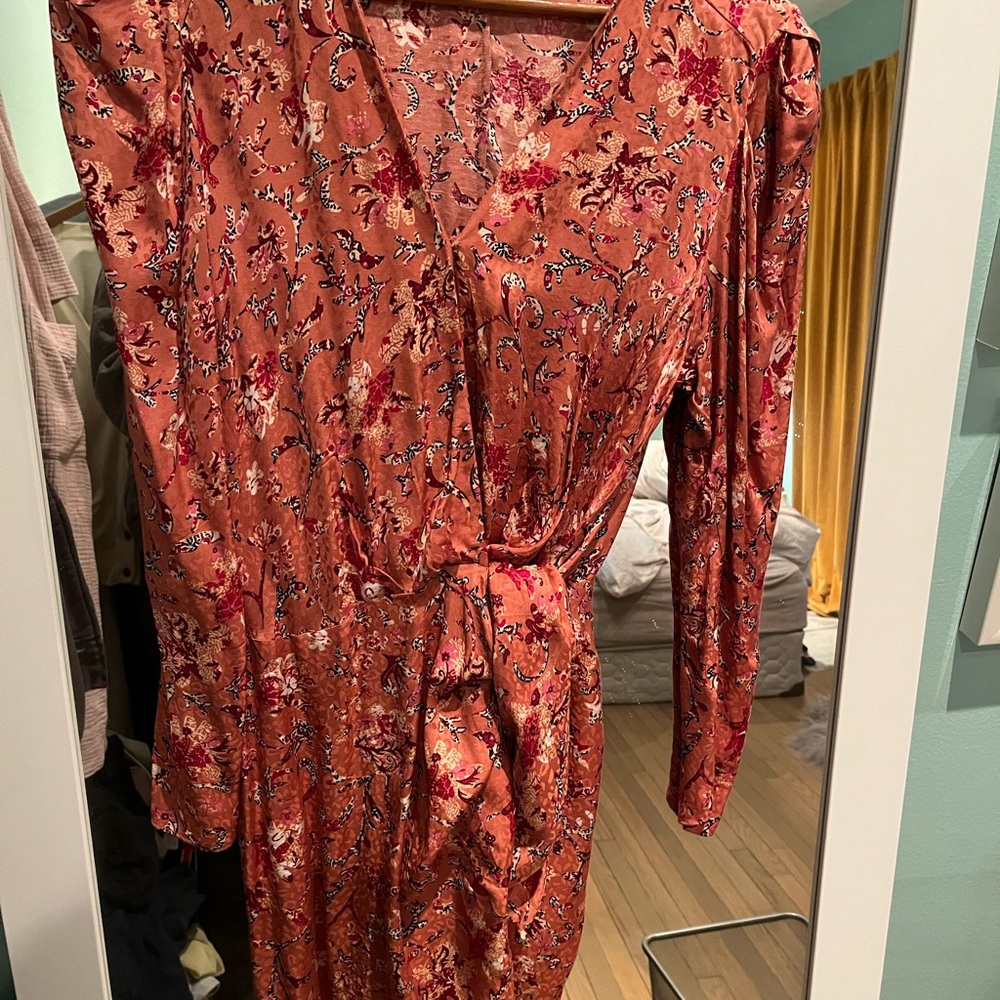 Floral Wrap Dress in Red by Isabel Marant. Salmon pink florals. Very flattering